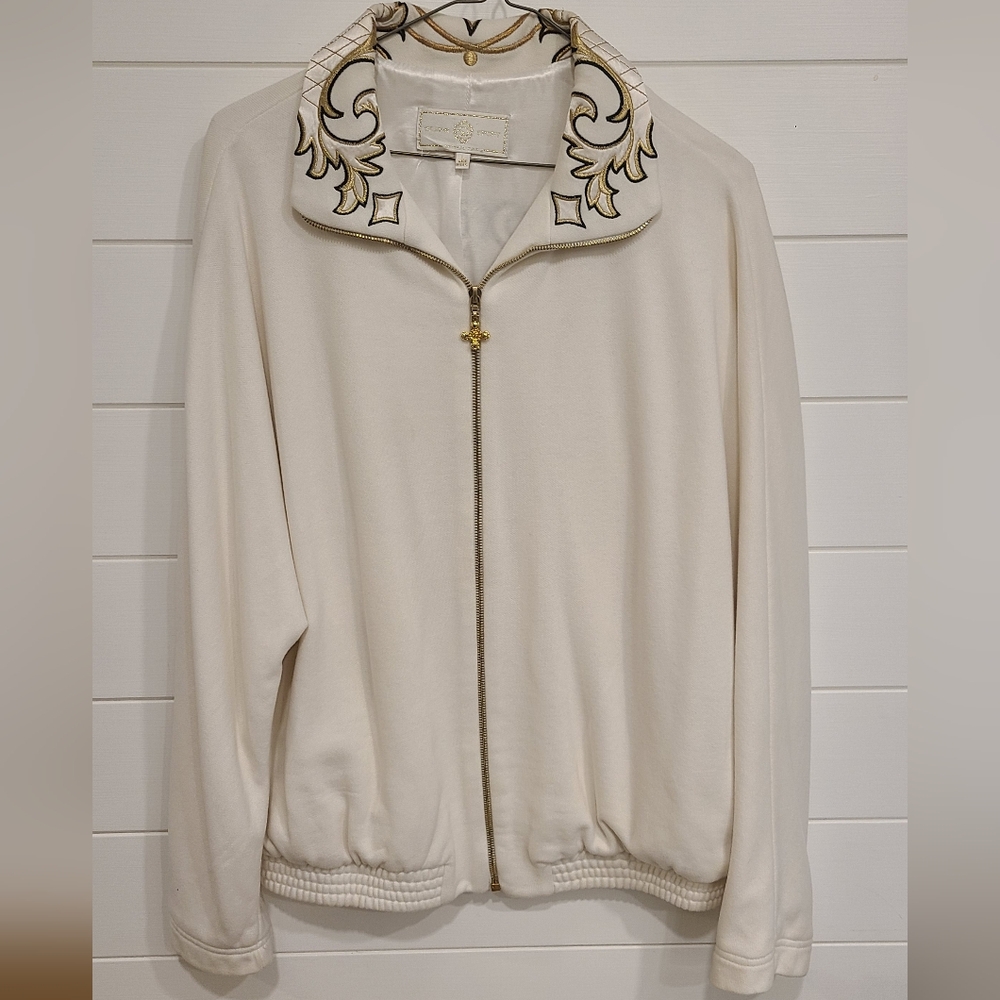 St John Sport by Marie Gray Cream Zip-Up Jacket Embroidered Collar Vintage Large